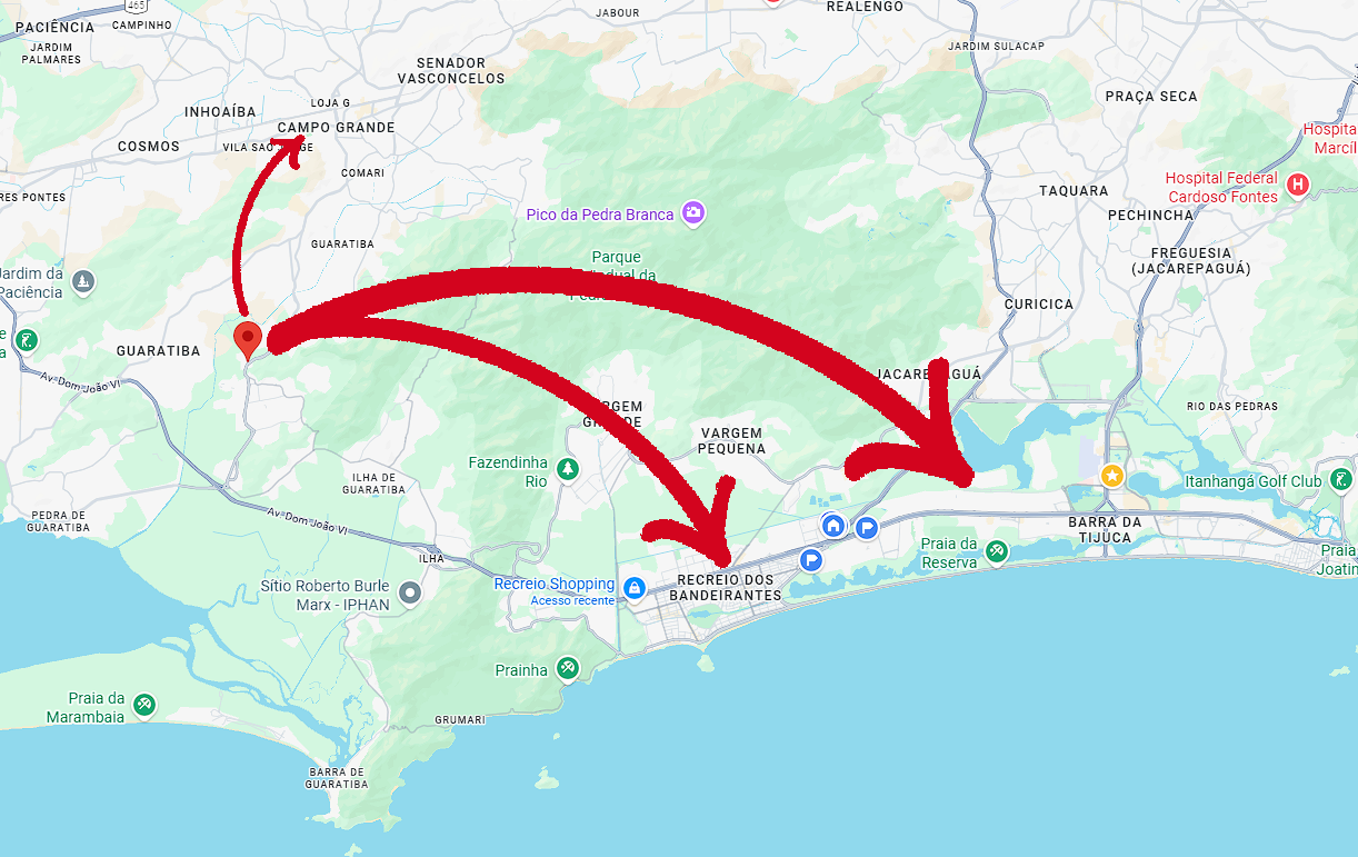 Mapa mostrando a localização do Recanto Sereno em Guaratiba e as distâncias para Campo Grande, Recreio e Barra da Tijuca